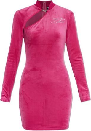 Versace Jeans Couture Kleedjes, Dames, Roze, M, Polyester, Fluwelen Jurk met Opstaande Kraag