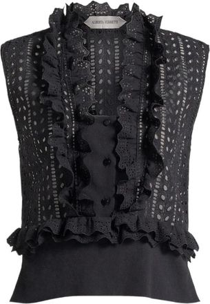 Alberta Ferretti Top met ruches en oogjes en hoge hals - Dames - Tops zonder mouwen - Zwart - L - Katoen - Tops
