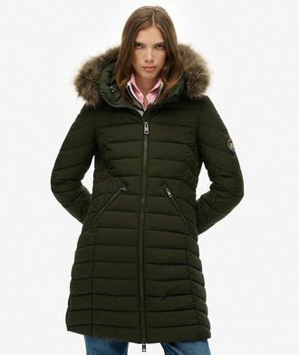 Superdry Halflange donsjas met kap en synthetisch bont