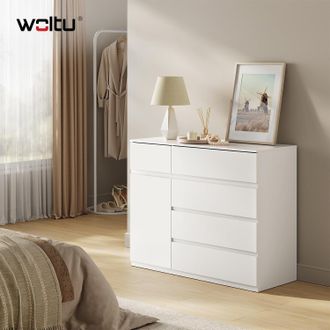 Woltu Woltu - C&oacute;moda Para Dormitorio De 5 Cajones Y 1 Puerta Con Estante Ajustable - Estilo Escandinavo - Almacenamiento, Blanco