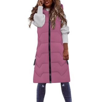 Generic WomenS Long Winter Coat Longline Hooded Jacket Body Warmer Outwear With Pockets Quilted Wear Ladies Padded Sleeveless Puffer Down Zip Up Gilet Vest Fo