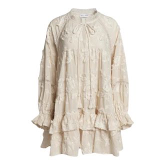 Weili Zheng Short Dresses, female, Beige, Size: M Short Apron Dress in Embroidered Muslin
