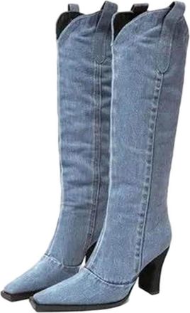 Generic Womens Thick Heeled Western Cowboy Boots Pointed But Knee Boots