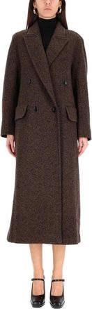 Max Mara Lange Double-Breasted Wollen Jas met Wolmix - Dames - Mantel - Bruin - XS - Wol - Jassen