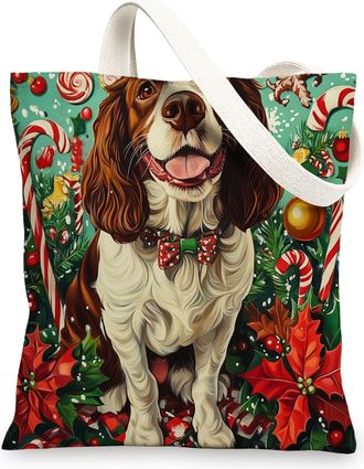 Generic Christmas Springer Spaniel Dog Canvas Tote Bag for Shopping 13x15, Xmas Candy Poinsettia Puppy Reusable Grocery Print Bag for Women, Holiday Pet Beach