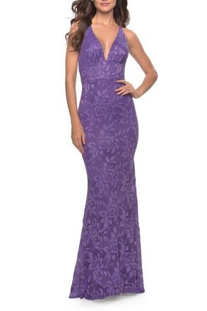 La Femme Fitted Stretch Lace Prom Dress with Banded Waist in Purple at Nordstrom, Size 4