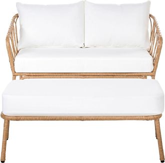 Beliani Divano Da Giardino 2 Posti Con Panca In Rattan Pe Struttura In Acciaio E Gambe In Metallo Cuscini Bianco Sporco Arredo Da Esterno Marrone Chiaro Follo