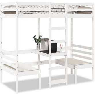 vidaXL Vidaxl - Cama Alta Escritorio Y Asientos Madera Maciza Blanco 75x190 Cm