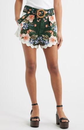 Farm Rio Berry Garden High Rise Belted Cotton Twill Shorts in Berry Garden Black at Nordstrom, Size 29