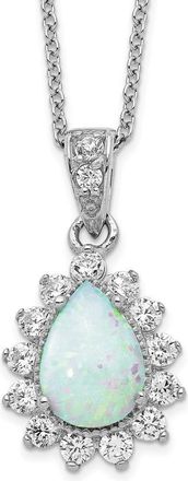Diamond2Deal Sterling Silver Cabochon Lab Created Opal and Cubic Zirconia Teardrop Halo Necklace 18