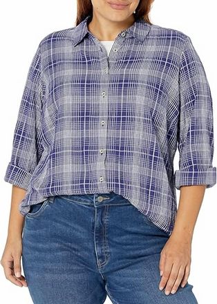 Foxcroft Womens Rhea Plaid Perfection Long Sleeve Shirt In Indigo