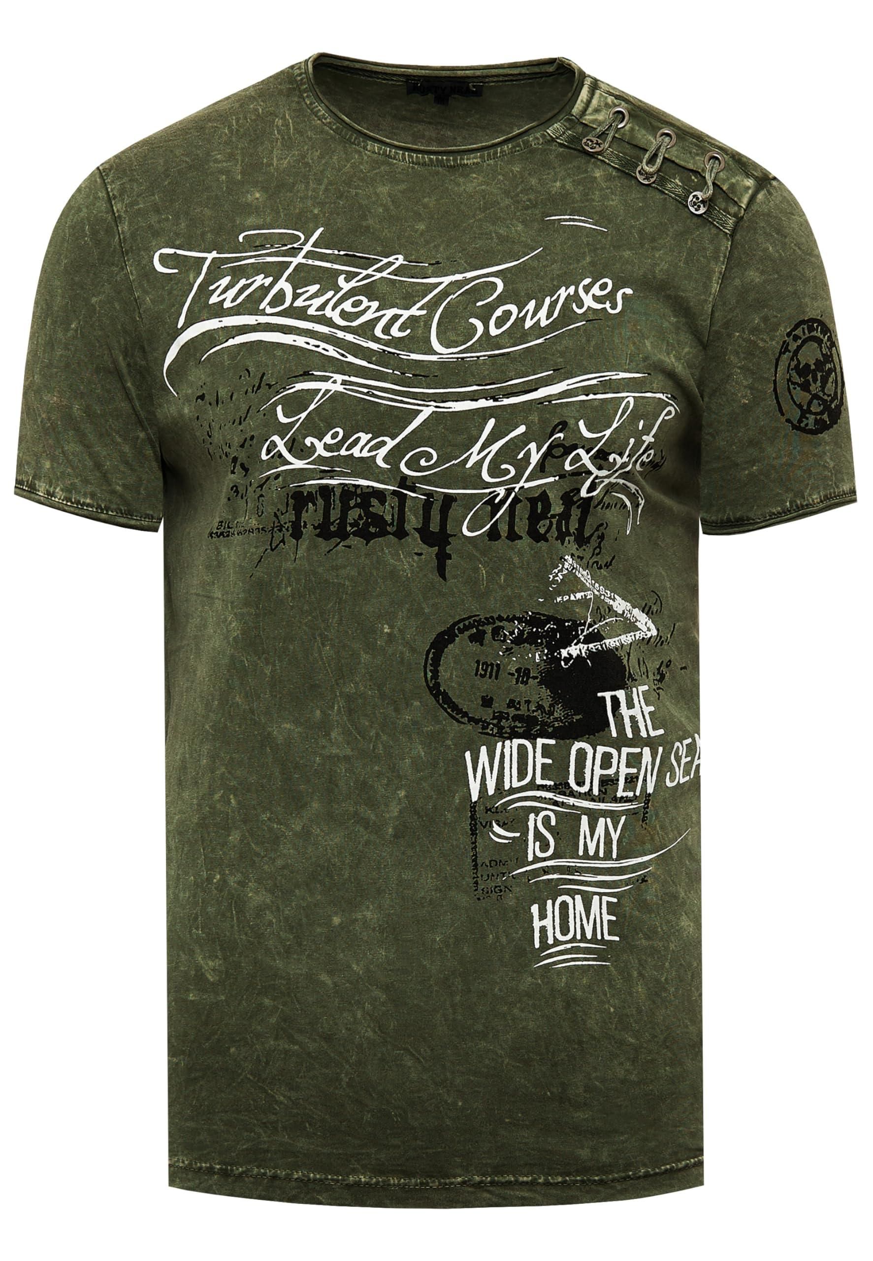 Herren T-Shirt Mit Seitlicher Knopfleiste & Print – 100% Baumwolle, Regular Fit, Streetwear