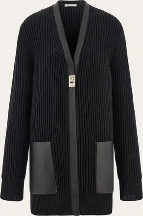 Ferragamo Women Longline cardigan with leather trim Black