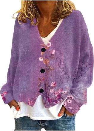 Generic 2024 Women Cardigan Autumn Winter Cute Daisy Cardigans Womens Floral Print Long Sleeve V-neck Sweaters Button New Ladies Knitted Cardigan Pockets Swee