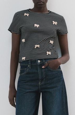 Mango Stripe Bow Embellished T-Shirt in Navy at Nordstrom, Size Medium
