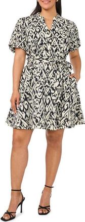 Vince Camuto Ikat Print Puff Sleeve A-Line Minidress in Rich Black at Nordstrom, Size 1X