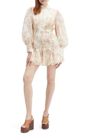 Bardot Remy Long Sleeve Floral Eyelet Minidress in Apricot Floral at Nordstrom, Size 12