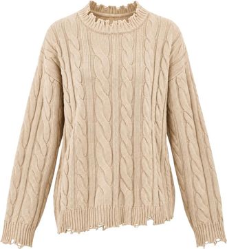 Akep Pullover met kabelpatroon en ronde hals - Dames - Ronde hals truien - Beige - L - Wol - Truien & Vesten