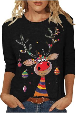 Generic Ladies Christmas Tops Christmas Jumpers for Women Xmas Tree Print Xmas T-Shirts Plus Size Novelty Funny 3/4 Sleeve Elf Santa Print Reindeer Graphic Bl