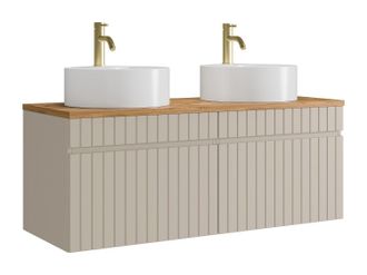 Vente-Unique Mueble de ba&ntilde;o suspendido estriado beige con lavabo sobre encimera redondo y grifo - 120 cm - SATARA