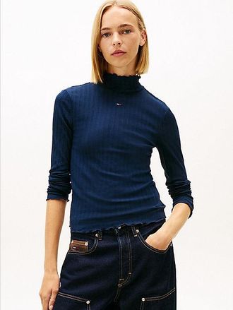 Tommy Hilfiger Ruffle Ribbed Slim Mock Neck Top