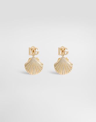 Dolce & Gabbana Earrings With Rhinestone-detailed Shell And Dg Logo - Woman Bijoux Gold Metal Onesize