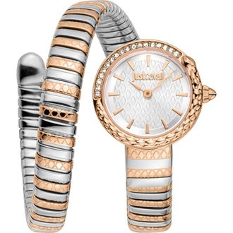 Just Cavalli Cerchio Snake Wraparound Bracelet Watch, 22mm in Two Tone Silver/Rose Gold at Nordstrom Rack