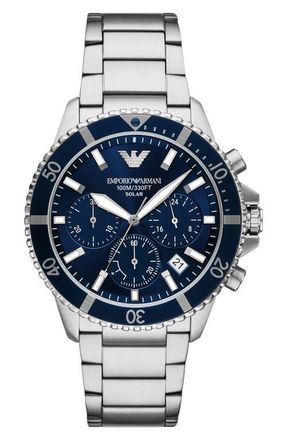 Emporio Armani World Explorer Solar Chronograph Bracelet Watch, 43.5mm in Silver at Nordstrom