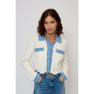 Central Park West Womens Rose Scallop Edge Sweater in Denim/white at Nordstrom, Size Large