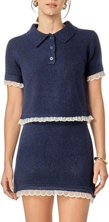 English Factory Faux Pearl Embellished Polo Sweater in Navy at Nordstrom, Size X-Small