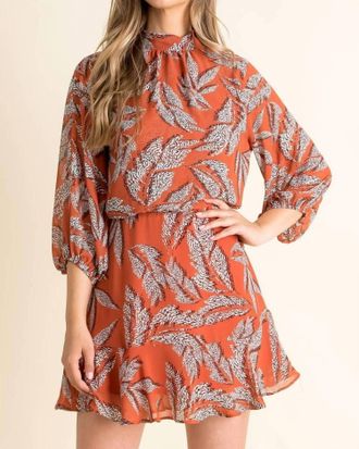 THML Clothing Amberliss Leaf Print High-Neck Dress In Copper