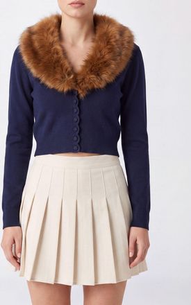 Self Portrait Cardigan cropped in misto lana con collo in pelliccia sintetica
