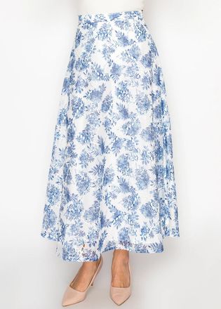 YAL New York Full A-Line Skirt with Blue Botanical Print