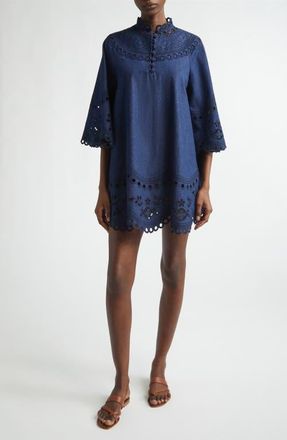 Zimmermann Mohan Broderie Anglaise Trim Denim Minidress in Ink at Nordstrom, Size 0P