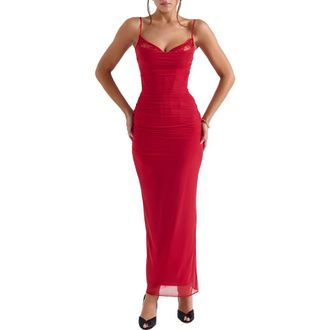House of CB Nalini Mesh Corset Cocktail Dress in Haute Red at Nordstrom, Size X-Small A