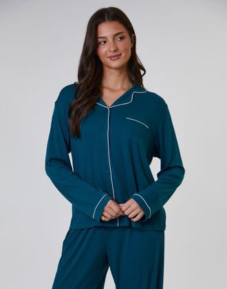 Loungeable Pigiama verde a coste con pantaloni lunghi e camicia tradizionale a maniche lunghe