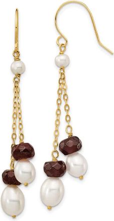 Diamond2Deal 14k Yellow Gold 6mm Freshwater Cultured Pearl and Garnet Double Chain Dangle Earrings
