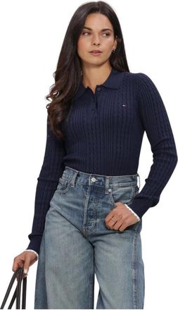 Tommy Jeans TJW Micro Cable Polo Sweater Ext - Dames - Polos - Blauw - XL - Polyester - Tops