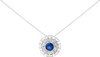 House of Brilliance Sterling Silver Lab Grown Blue Sapphire and 1 1/5 Cttw Diamond Sunburst Pendant Necklace