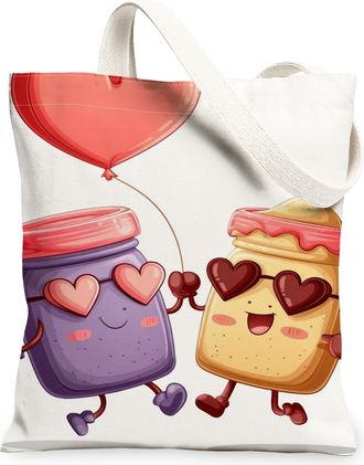 Generic Cute Playful Canvas Tote Bags, Adorable Jars Heart Pattern Reusable Grocery Bags, Valentine Lightweight Washable Shoulder S, White, 13x15 Inch