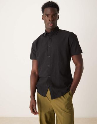 Selected linen blend short sleeve shirt in black