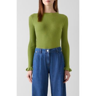L.k. Bennett Yara Ruffle Cuff Rib Crewneck Sweater in Green at Nordstrom Rack, Size X-Small