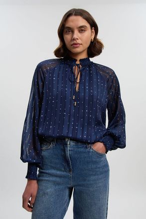 Karen Millen Womens Print Shirred Detail Dobby High Neck Woven Blouse - Navy - Size 10 UK