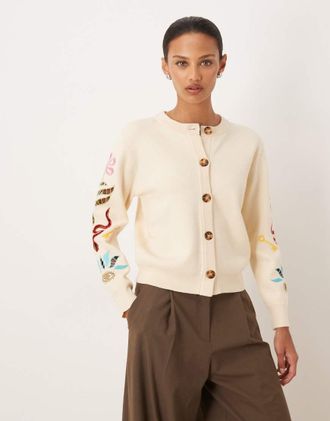 Never Fully Dressed Cardigan in maglia color crema con ricami traforati-Bianco