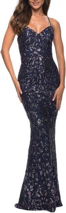 La Femme Unique Print Sequin Gown with Open Lace Up Back in Indigo at Nordstrom, Size 12