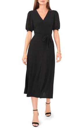 Chaus Clip Dot Puff Sleeve Tie Front Midi Dress in Black at Nordstrom, Size X-Large