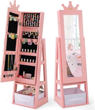 Costway Costway - Armadio Portagioie 3 In 1 Per Bambini 31,5 X 30 X 115cm, Specchio A Forma Di Corona Con Ganci, Ripiano E Cassetto In Tessuto, Toeletta Per C