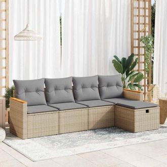 vidaXL Vidaxl - Juego De Sof&aacute;s Jard&iacute;n Con Cojines 5 Pzas Rat&aacute;n Sint&eacute;tico Beige