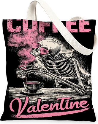 Generic Valentine Skeleton Coffee Canvas Tote Bags, Vintage Skeleton Design Reusable Grocery Bags, Lightweight Washable Shoulder St, Black, 13x15 Inch