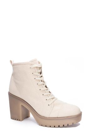 Chinese Laundry Womens Chinese Laundry Boots White Canvas Lug Sole Block Heel Ankle ZAP2081